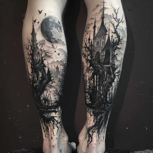 Dark and gothic leg tattoo with sinister creatures