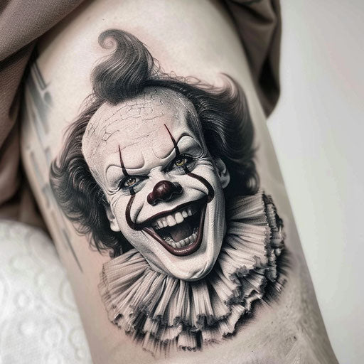 Hyper-realistic tattoo of a laughing clown