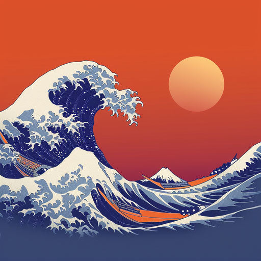 Minimalist wave with sun, in the style of Peter Jackson