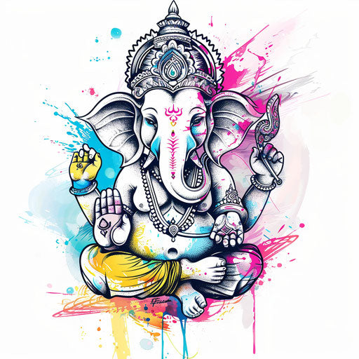 Dynamic tattoo sketch of Ganesha, clipart style with a splash of neon colors and sharp outlines