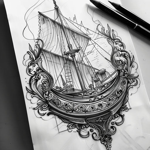 Neo-traditional flat tattoo sketch of a boat with ornate Victorian decorations