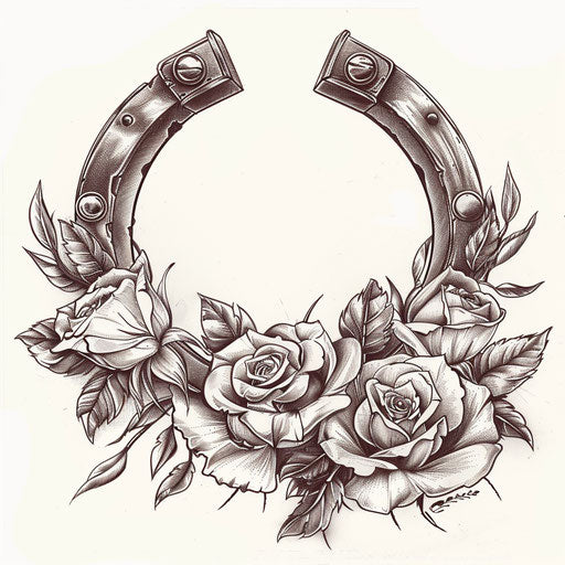 Vintage clipart of horseshoe with roses tattoo sketch