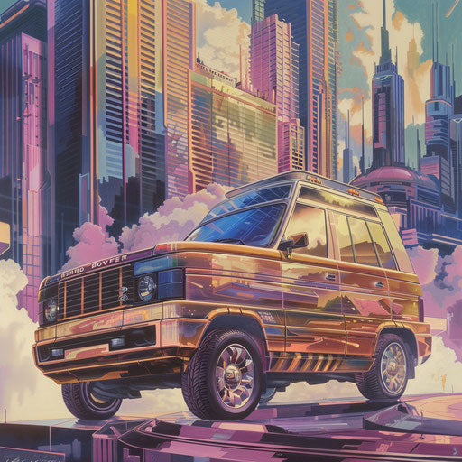 Retro-futuristic Ranger Rover in utopian cityscape
