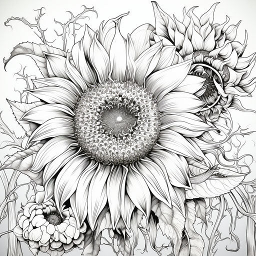 Sunflower coloring page drawing, Tangled style nests