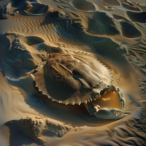 Horseshoe crab nestled in sandy dunes with evening light
