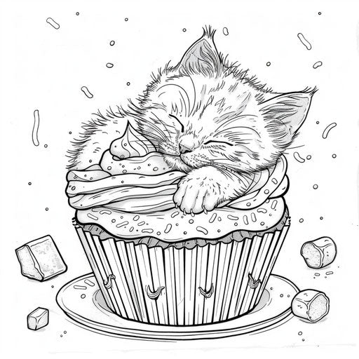 Sleeping cat on cupcake, coloring book page
