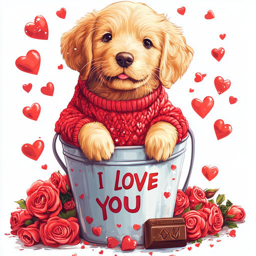 Adorable golden retriever puppy in bucket of roses and hearts
