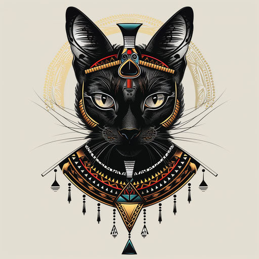 Exotic flat tattoo sketch of Bastet enhanced with traditional African tribal patterns