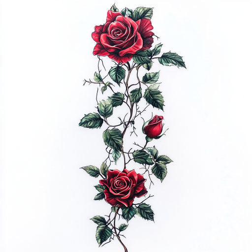 Female arm tattoo with rose and vine in red and green