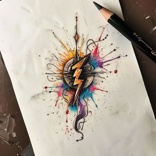 Energetic flat tattoo sketch of a lightning bolt with a magical aura