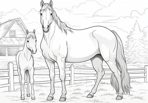 Horse coloring pages in animated style, toy-like proportions