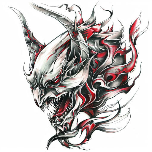 Metallic devil tattoo design with silver and red highlights