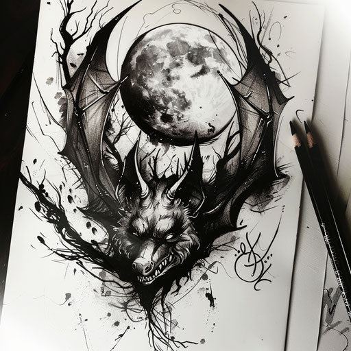 Sketch of a tattoo of a mystical bat with a full moon, dark and dramatic