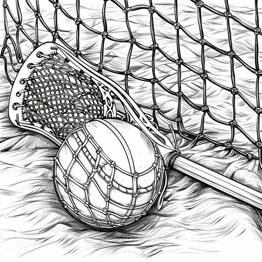 Close-up of lacrosse ball with stick and net in the background. Coloring book page