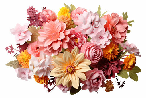 Bouquet of pink and yellow flowers on white background