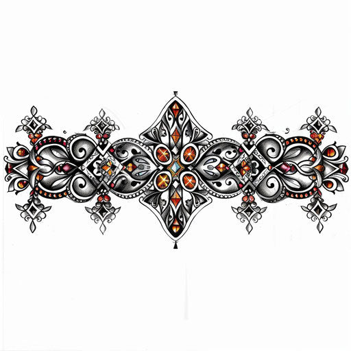 Elaborate Korean bracelet tattoo design, with jewels and traditional patterns, on white background
