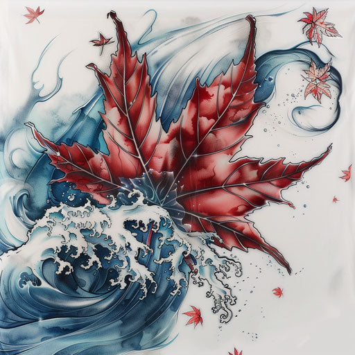 Maple leaf with waves, traditional Japanese tattoo style