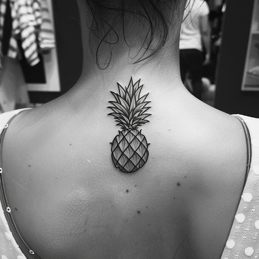 Minimalist pineapple tattoo in black outline on white canvas