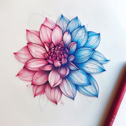 Duo-tone dahlia tattoo sketch with blue and pink shades