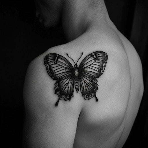 Butterfly tattoo men shoulder, Guy Aitchison style