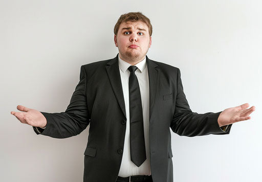 Confused businessman with 'I don't know' gesture, black suit