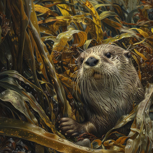 Otter exploring dense kelp forest for food