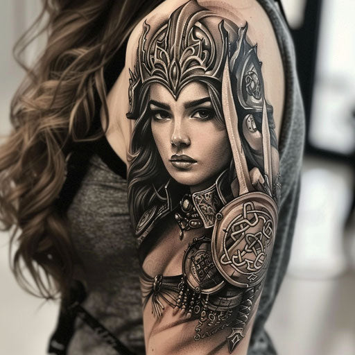 Arm tattoos for women in the style of David Palumbo featuring a fantasy warrior princess