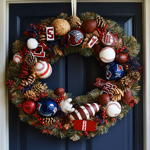 Sports fan wreath with mini balls and team pennants