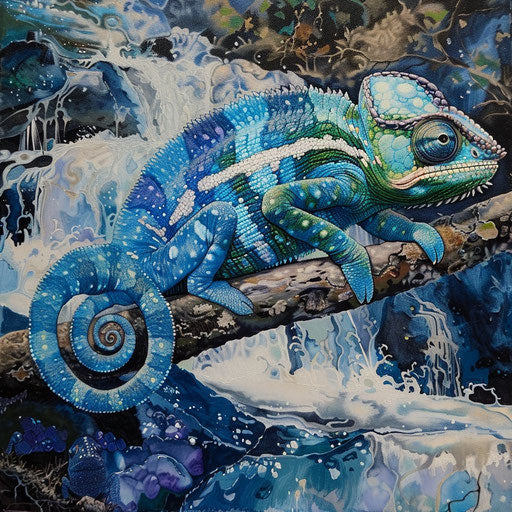 Chameleon resting on a branch above a serene mountain stream