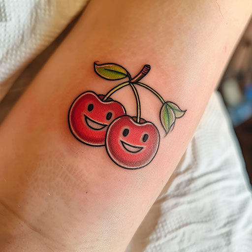 Cartoon cherry tattoo with smiling face on white background