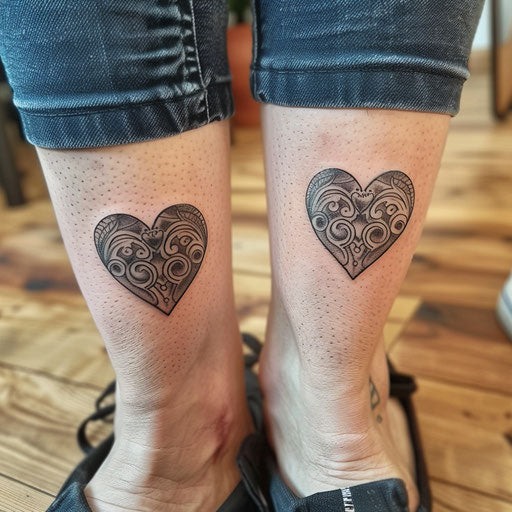 Matching sister tattoos of hearts, in the style of Ami James, on the ankle