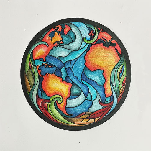 Stained glass motif in a flat tattoo sketch of Earth