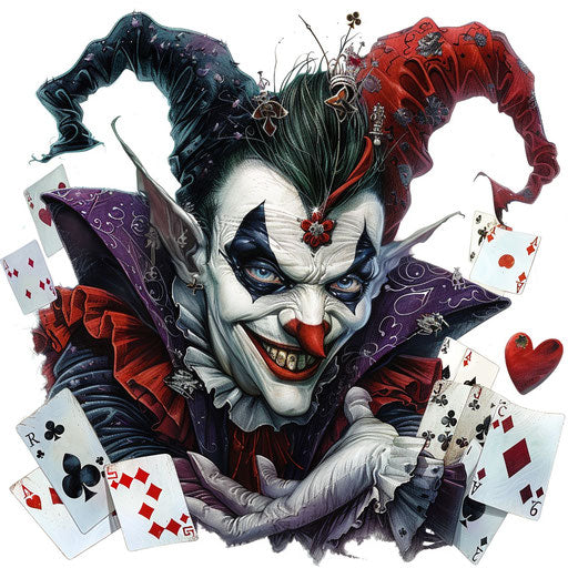 The sinister jester surrounded by playing cards on white