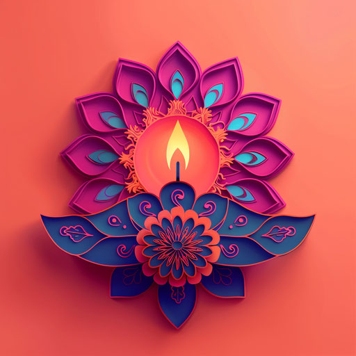 Realistic Diwali clipart on flat, vibrant coral background