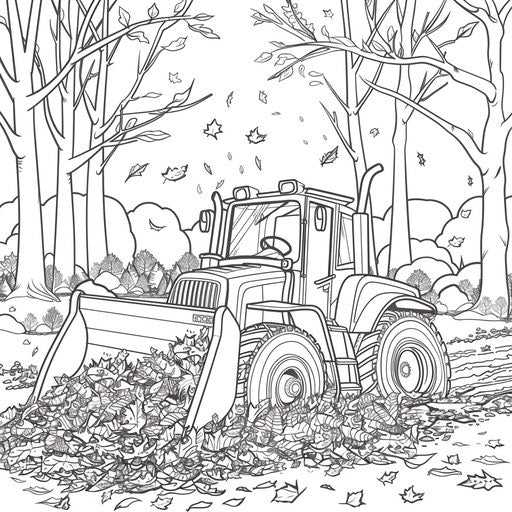A bulldozer is pushing a pile of autumn leaves in a park.