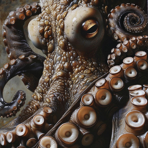 The beak of an octopus, surrounded by swirling tentacles