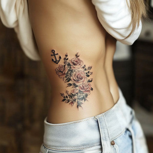 Rib tattoos women anchor roses Sailor Jerry style