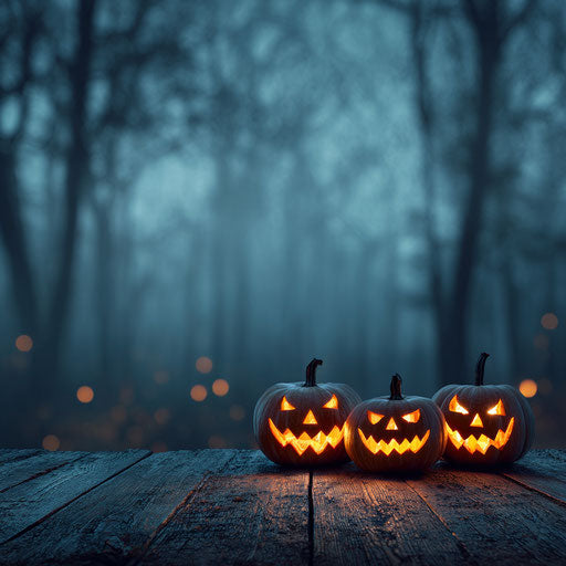 Three glowing jack-o'-lanterns in a twilight forest