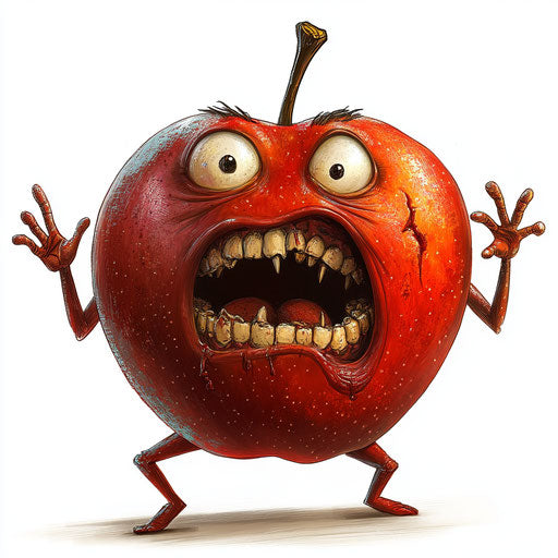 Humorous caricature of a red apple clipart with exaggerated teeth