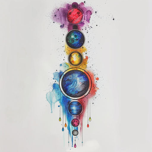 Chakra tattoo with celestial theme, all chakras represented as planets on white background