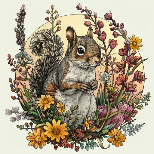 Nature-inspired flat tattoo sketch of a squirrel amidst a bed of wildflowers
