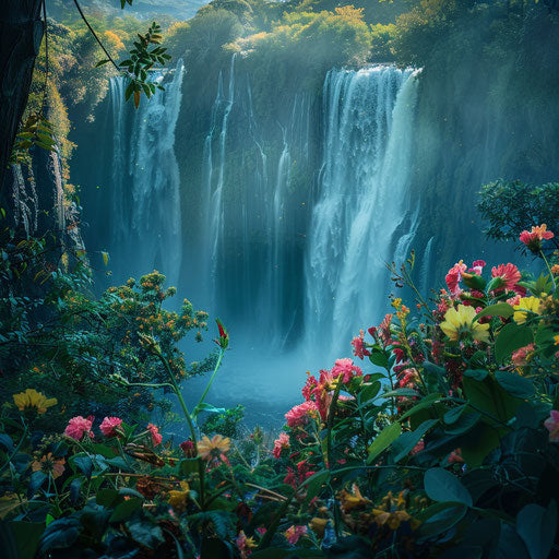 Victoria Falls with lush greenery and exotic flowers