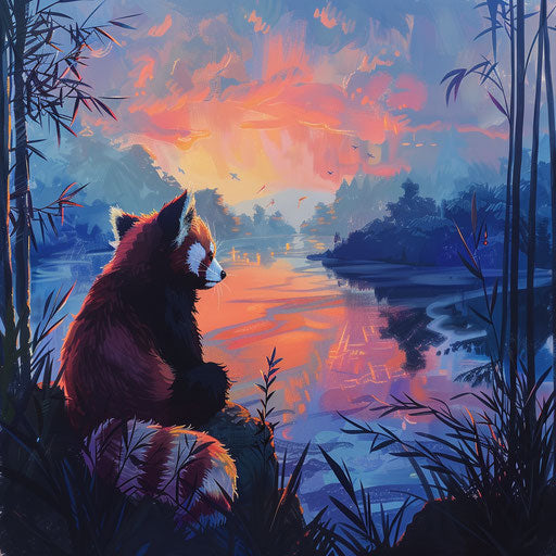 Contemplative red panda at sunset by a peaceful lake