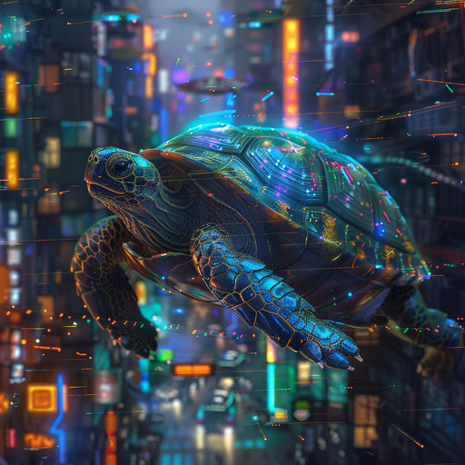 Cybernetic turtle with neon highlights in futuristic cityscape