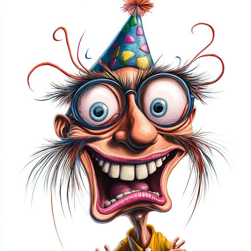 Humorous caricature of a library clipart with human characteristics, exaggerated long eyelashes, hands with fingers, wearing a party hat, vibrant colors, cartoon style, surprised, high-resolution, no background, isolated –c 40