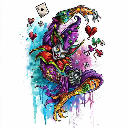 Tattoo design concept The Fool tarot card, whimsical cartoon style colorful on white