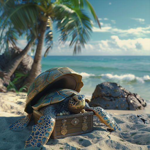 A turtle with a shell that opens up to reveal a treasure chest, on a deserted island