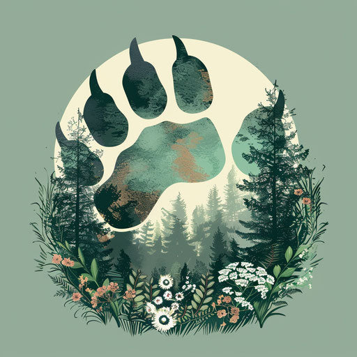 Bear paw sketch among forest greens