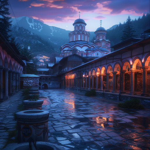 Rila Monastery at twilight with soft colors blending