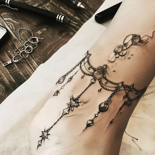 Flat tattoo sketch of an ankle bracelet with vintage charms and sepia tones